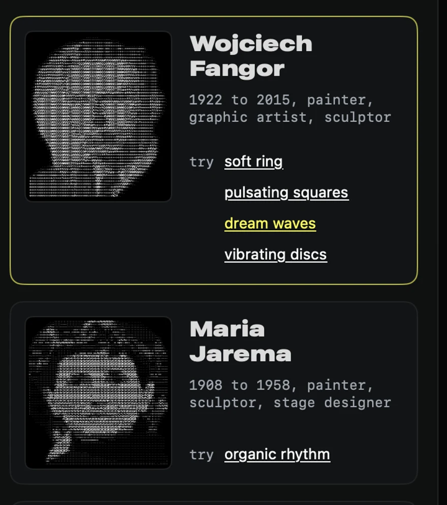 Cards of Wojciech Fangor and Maria Jarema with ASCII portraits and links to their motifs.