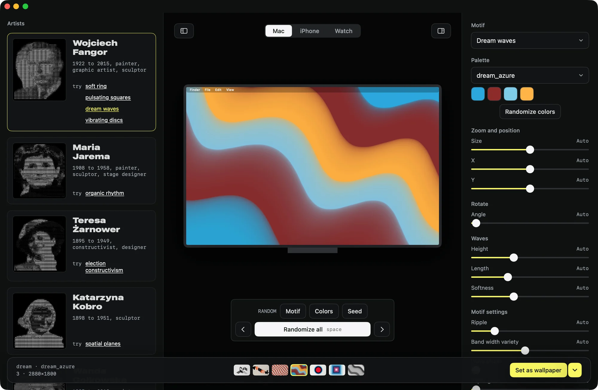 The Study of Space Mac app: a panel of Polish artists on the left, a wallpaper preview in the middle, motif and palette controls on the right.